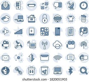 Blue tint and shade editable vector line icon set - trash bin vector, clouds, antenna, notebook connect, lock, mobile phone, house, satellite, video camera, laptop pc, finger down, mail, back, chat