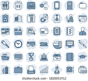 Blue tint and shade editable vector line icon set - medical room vector, christmas calendar, mobile phone, identity card, case, medal, document search, graduate, pen, notepad, manager place, reload