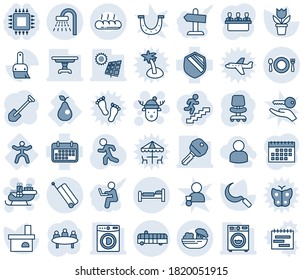 Blue tint and shade editable vector line icon set - suitcase vector, bed, shower, airport bus, santa sleigh, christmas deer hat, office chair, meeting, job, flower in pot, sickle, fireplace, run