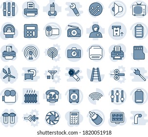 Blue tint and shade editable vector line icon set - camera vector, printer, ladder, monitor pulse, tomography, office phone, 24 hours, support, radio, antenna, speaker, tv, settings, video, battery