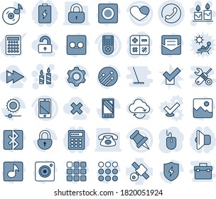 Blue tint and shade editable vector line icon set - phone vector, candle, calculator, mouse, satellite, remote control, cell, heart, paper pin, mobile, menu, camera, gallery, protect, settings, mail