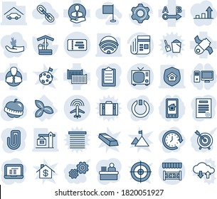 Blue tint and shade editable vector line icon set - ticket vector, plane radar, tv, notebook pc, well, diet, three leafs, satellite, client, cargo container, route, news, settings, clipboard, garage