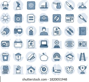 Blue tint and shade editable vector line icon set - pedestal vector, pen, document, coffee, ladder, butterfly, pumpkin, bird house, doctor case, diagnosis, tomography, calendar, compass, copybook