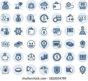 Blue tint and shade editable vector line icon set - money bag vector, coin, dollar, cash, rain, safe, insurance, atm, calendar, flag, pin, piggy bank, pay, encashment, wallet, purse, search, time