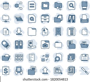 Blue tint and shade editable vector line icon set - office binder vector, document search, patient card, receipt, folder, photo gallery, paper, tray, archive box, download, uplooad, share, network