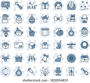 Blue tint and shade editable vector line icon set - flight table vector, firework, gift, bow, santa claus, christmas sock, ball, garland, landscape, bell, gloves, calendar, deer, rocket, wreath, hat