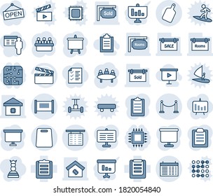 Blue tint and shade editable vector line icon set - fence vector, flight table, schedule, presentation board, meeting, clipboard, clapboard, sale, rooms, sold signboard, smart home, cutting, chip