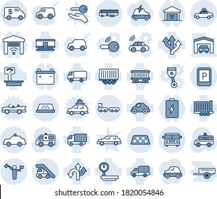 Blue tint and shade editable vector line icon set - dispatcher vector, taxi, airport bus, alarm car, ladder, parking sign, safety, baggage truck, ambulance, route, railroad, trailer, delivery