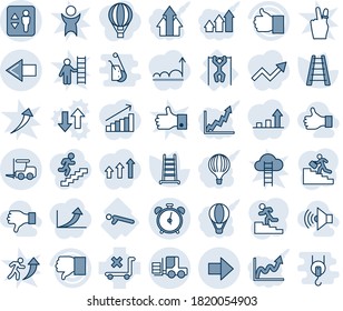 Blue tint and shade editable vector line icon set - elevator vector, alarm clock, left arrow, fork loader, right, ladder, push ups, pull, no trolley, finger up, down, career, volume max, like, graph