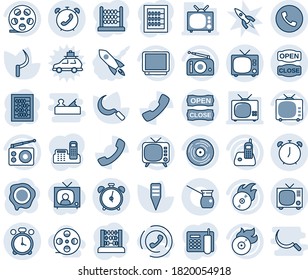 Blue tint and shade editable vector line icon set - alarm clock vector, phone, tv, abacus, stamp, sickle, plant label, reel, vinyl, flame disk, radio, call, office, open close, turkish coffee, horn