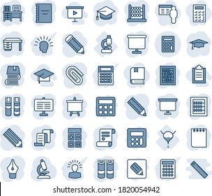 Blue tint and shade editable vector line icon set - contract vector, book, calculator, graduate, abacus, desk, notepad, presentation board, pencil, microscope, lab, bladder, notes, copybook, ink pen