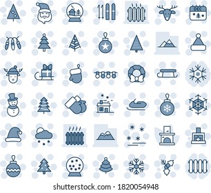 Blue tint and shade editable vector line icon set - christmas tree vector, santa claus, glove, ball, garland, snowflake, snowfall, fireplace, gloves, snowman, calendar, hat, deer, house, sleigh, ski