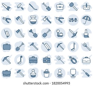 Blue tint and shade editable vector line icon set - suitcase vector, umbrella, stamp, baggage larry, scales, job, shovel, farm fork, bucket, pruner, axe, scalpel, fragile, themes, case, ladle, saw
