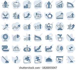 Blue tint and shade editable vector line icon set - growth statistic vector, seedling, watering can, hoe, sickle, greenhouse, drip irrigation, bar graph, career ladder, arrow up, crisis, arrows