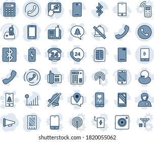 Blue tint and shade editable vector line icon set - phone vector, christmas mobile, merry message, heart monitor, office, 24 hours, support, tracking, cell, radio, back, call, camera, sim, mute, no