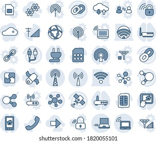 Blue tint and shade editable vector line icon set - wireless notebook vector, antenna, connect, satellite, share, chain, rca, call, sim, network, cellular signal, gear, right arrow, power plug, lock