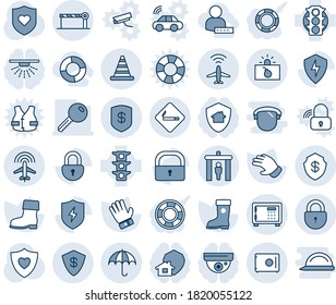 Blue tint and shade editable vector line icon set - plane radar vector, security gate, smoking place, safe, lock, barrier, insurance, terrorism, road cone, glove, boot, heart shield, traffic light
