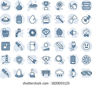 Blue tint and shade editable vector line icon set - snowmobile vector, water drop, bench, dropper, broken bone, counter, lemon slice, onion, low battery, themes, brightness, music, dollar smile, saw