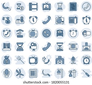 Blue tint and shade editable vector line icon set - alarm clock vector, phone, tv, abacus, money bag, well, sickle, film frame, video camera, microphone, call, chest, encashment, account history