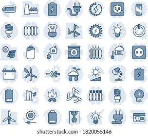 Blue tint and shade editable vector line icon set - pull ups vector, oil barrel, low battery, brightness, charge, desk lamp, sun panel, windmill, heater, factory, home control, eco house, socket