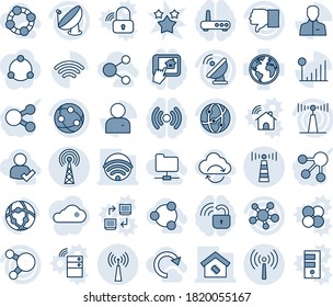 Blue tint and shade editable vector line icon set - antenna vector, earth, satellite, network, share, finger down, user, wireless, cellular signal, smart home, check, social, friends, folder, redo
