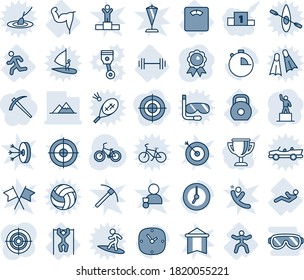 Blue tint and shade editable vector line icon set - pedestal vector, medal, bike, floor scales, barbell, power hand, run, pull ups, gymnastics, abdominal muscles, weight, clock, stopwatch, target