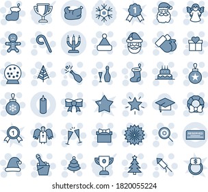 Blue tint and shade editable vector line icon set - christmas tree vector, firework, gift, santa claus, sock, ball, star, bow, gloves, cake man, lollipop, hat, rocket, wreath, angel, wine, glasses
