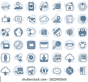 Blue tint and shade editable vector line icon set - trash bin vector, male, wireless notebook, phone, connect, globe, house, navigation, shield, satellite antenna, news, share, rewind, data exchange