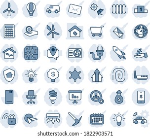 Blue tint and shade editable vector line icon set - mobile tracking vector, phone back, payment, smart home, chip, eco house, power plug, wireless lock, router, air conditioner, radiator, protect