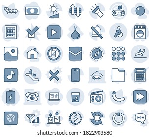 Tinta azul y sombra editable conjunto de iconos de línea vector - vector escalador, sin móvil, llegada, basura, desactivado, vela, oruga, cebolla, radio, gamepad, botón de reproducción, avance rápido, teléfono de vuelta, menú