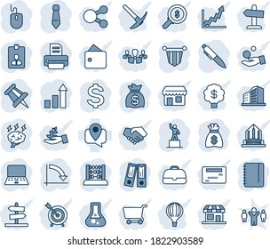 Blue tint and shade editable vector line icon set - identity card vector, growth statistic, dollar sign, pedestal, pennant, office binder, abacus, mouse, pen, notebook pc, notepad, tie, money bag