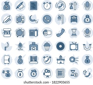 Blue tint and shade editable vector line icon set - phone vector, alarm clock, tv, abacus, money bag, well, sickle, vinyl, video camera, microphone, call, chest, encashment, account history, office