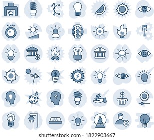 Blue tint and shade editable vector line icon set - taxi vector, snowball tree, brainstorm, bulb, fire, sun, eye, traffic light, brightness, bank, account, fireplace, energy saving, outdoor lamp