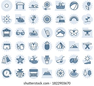 Blue tint and shade editable vector line icon set - sun vector, suitcase, clouds, flower in pot, lawn mower, butterfly, lady bug, pond, picnic table, brightness, pool, mountains, alcove, sproute