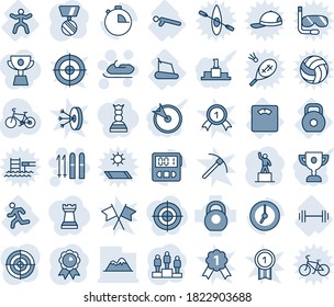 Blue tint and shade editable vector line icon set - ski vector, snowmobile, pedestal, medal, bike, floor scales, barbell, treadmill, push ups, run, gymnastics, weight, heavy, clock, stopwatch, queen