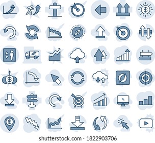 Blue tint and shade editable vector line icon set - elevator vector, signpost, left arrow, growth statistic, crisis graph, up side sign, update, data exchange, download, compass, dollar sun, pin