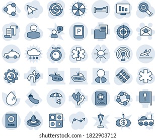 Blue tint and shade editable vector line icon set - passport vector, bed, arrival, parking sign, safety car, star letter, contract, statistic monitor, water drop, heart diagnostic, pills blister