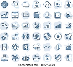 Conjunto de iconos de línea de vector editable de tonos azules y sombras - vector de antena satelital, bomba en caso, gráfico de crisis, monitor estadístico, recarga de documentos, diagnóstico, uso compartido, escáner, red, intercambio de datos, barra