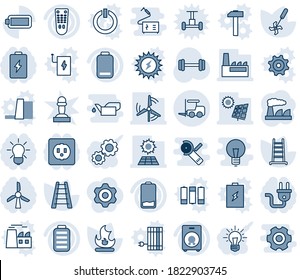 Blue tint and shade editable vector line icon set - fork loader vector, factory, ladder, fire, ripper, barbell, remote control, speaker, battery, low, sun panel, windmill, socket, power plug, bulb
