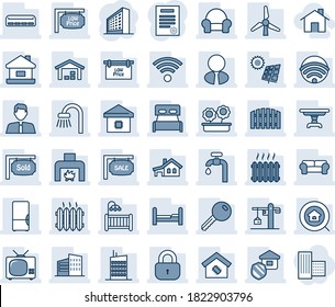 Blue tint and shade editable vector line icon set - office building vector, contract, house, with garage, sun panel, windmill, water supply, warehouse, fence, sale, sold signboard, low price, agent