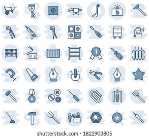 Blue tint and shade editable vector line icon set - passport control vector, fenced area, metal detector gate, terrorism, farm fork, wheelbarrow, pruner, saw, cargo container, rack, application, nut