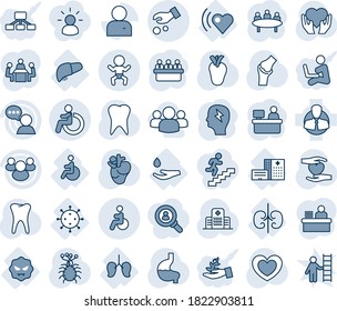 Blue tint and shade editable vector line icon set - baby vector, disabled, brainstorm, meeting, manager place, heart, hand, stomach, real, tooth, joint, hospital, virus, building, beat, liver, lungs