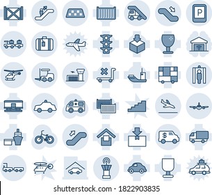Blue tint and shade editable vector line icon set - taxi vector, arrival, escalator, fork loader, baggage larry, ladder car, plane, helicopter, airport building, tower, suitcase, parking sign, up