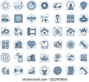 Blue tint and shade editable vector line icon set - radar vector, snowball tree, christmas deer hat, office building, book, heart, barbell, satellite, film frame, protect, network, brightness, pond