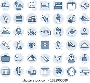Blue tint and shade editable vector line icon set - suitcase vector, reception bell, flight table, luggage scales, airport tower, traffic controller, baggage, train, sign post, globe, trap truck
