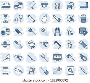 Blue tint and shade editable vector line icon set - spoon and fork vector, document search, pencil, garden, shovel, farm, ladder, bucket, watering, pruner, glove, axe, monitor pulse, stethoscope