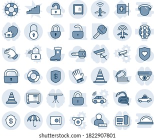 Blue tint and shade editable vector line icon set - plane radar vector, alarm car, border cone, safe, insurance, road, lock, glove, boot, hose, heart shield, first aid room, traffic light, key