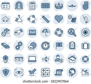 Blue tint and shade editable vector line icon set - automatic door vector, plane, globe, suitcase, insurance, officer window, gear, calculator, heart, safe, cash, account, dollar flag, card pay