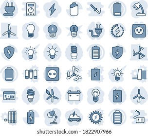 Blue tint and shade editable vector line icon set - bulb vector, battery, low, protect, charge, desk lamp, windmill, socket, power plug, energy saving, idea, lightning, electric car, business