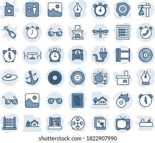 Blue tint and shade editable vector line icon set - elevator vector, alarm clock, tv, cafe, phone, star postcard, abacus, stamp, fireplace, film frame, vinyl, flame disk, gallery, money chest, coil